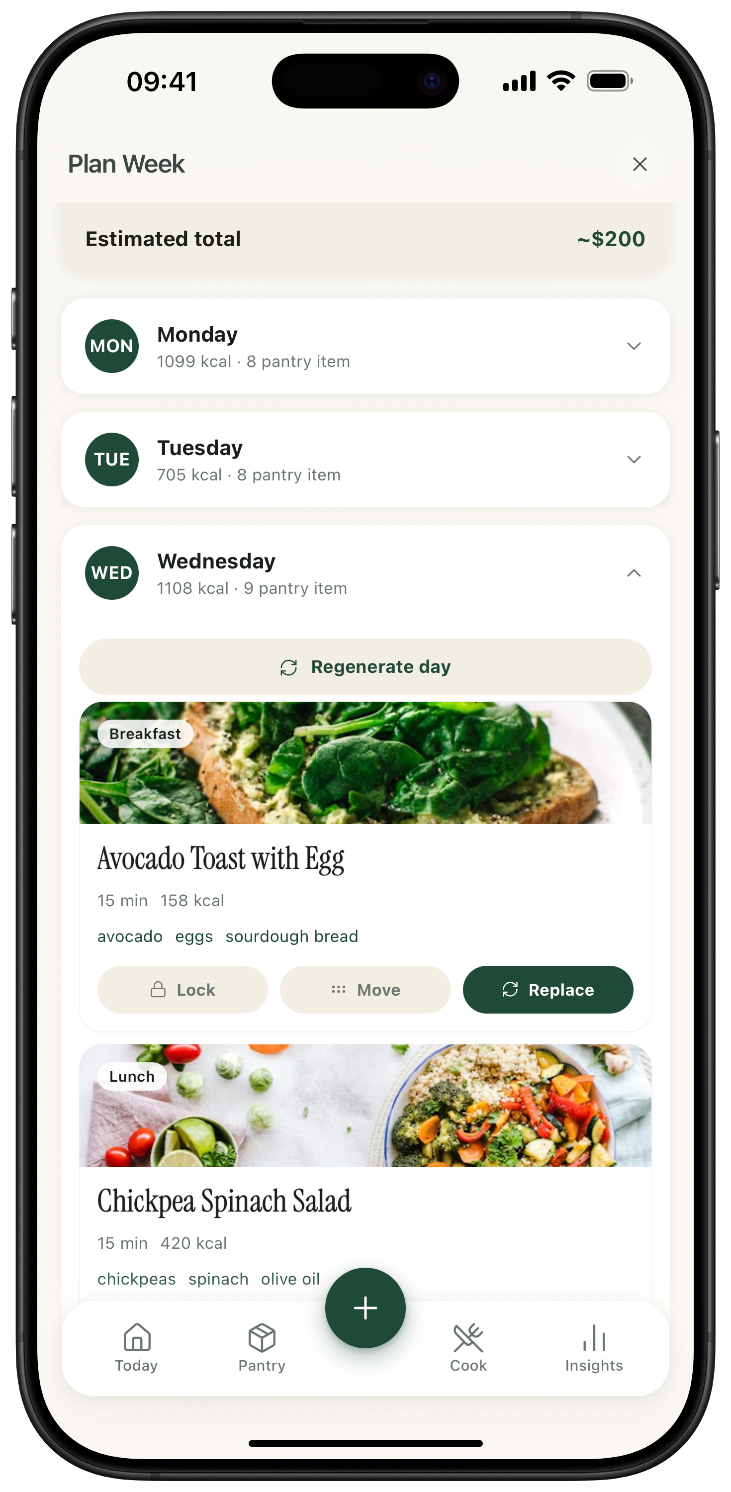 Week plan screen